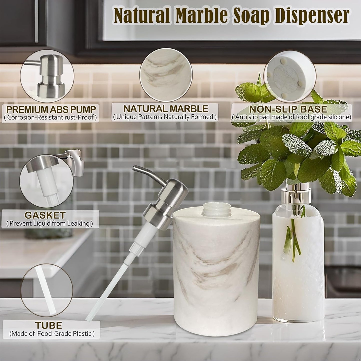 Marble Soap Dispenser, soap and Lotion Dispenser Bathroom, with Rust Proof Stainless Steel Pump Refillable for Kitchen Bathroom Countertop-Hand Lotion and Liquid Soap Dispenser-White