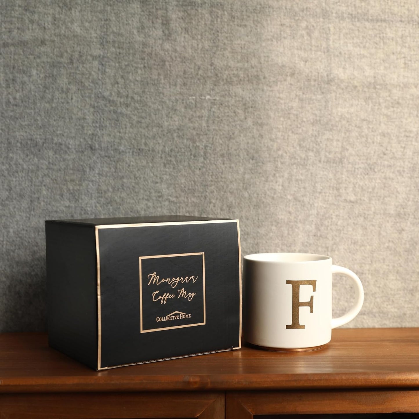 COLLECTIVE HOME - Monogram Ceramic Mugs, 15 oz Golden Initial Coffee Cups, Elegant Alphabet Tea Mugs, Elegant Personalized Mug with Gift Box, Unique Mug with Double Side Capital Letter (F)