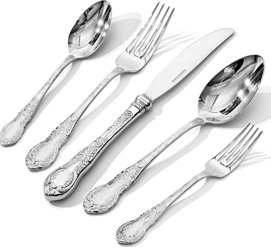 KINGSTONE Vintage Carved Silverware Set, 5-Piece 18/10 Stainless Steel Flatware Cutlery Set with Retro Royal Thick Handle, Tableware Utensils for Home, Restaurant, party, Wedding, Dishwasher Safe