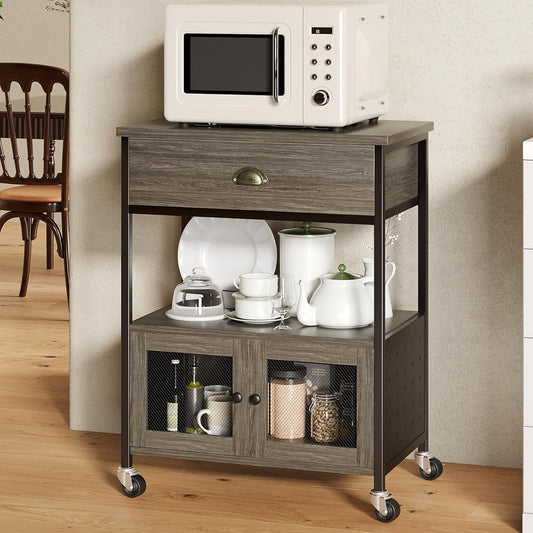 Catrimown Coffee Cart Station, Coffee Stand Station, Small Microwave Stand with Drawer, Movable Farmhouse Coffee Station Table on Wheels for Living Room, Entryway, Dining Room, Kitchen, Wash Grey