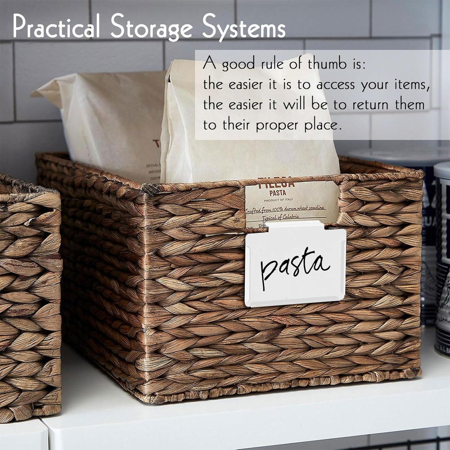 Basket Labels Clip on | Label Holders for Basket or Storage Bins Includes Black Chalk Markers (18 White Holders + 4 Black Chalk Makers)