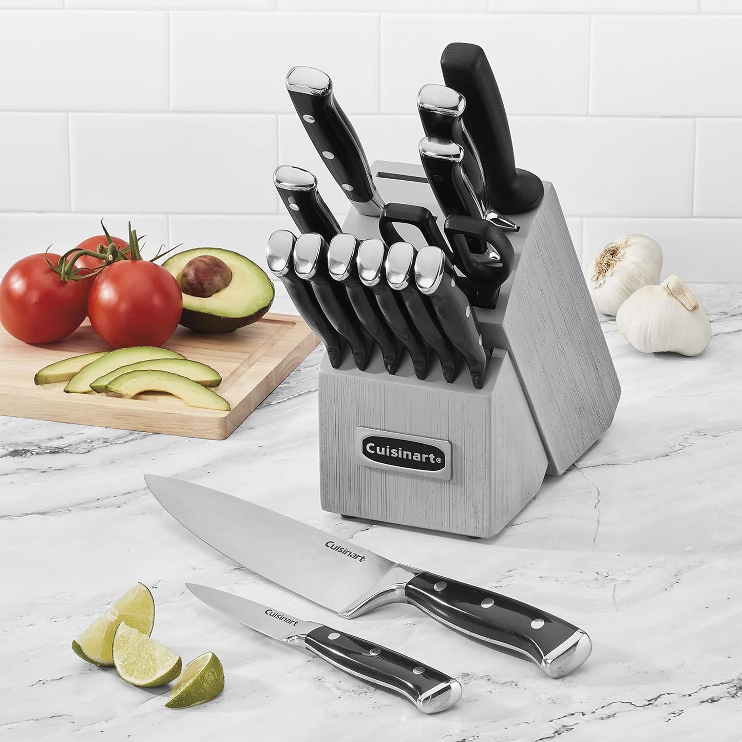 Cuisinart 15-Piece Knife Set with Block, High Carbon Stainless Steel, Forged Triple Rivet, Black/Gray C77BTR-15PG