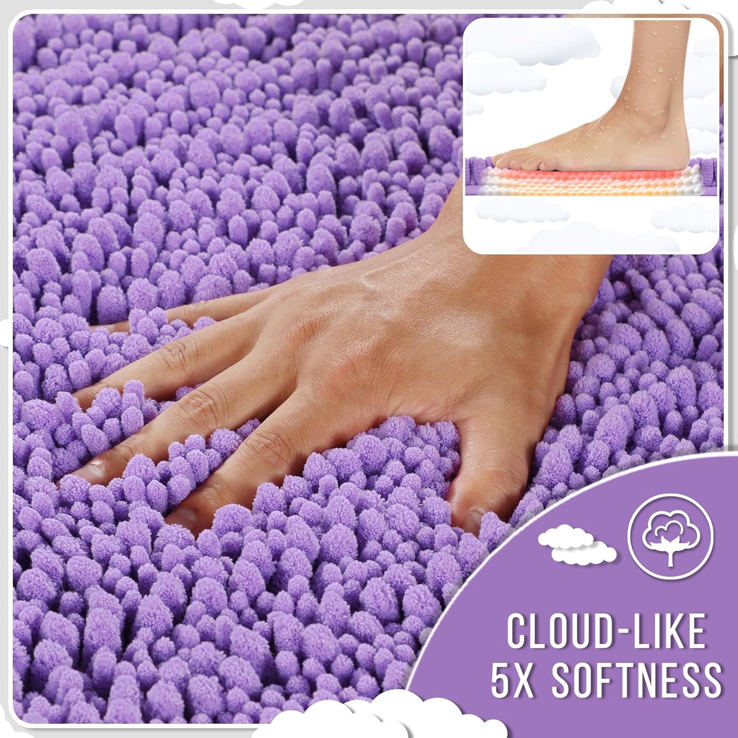 Yimobra Bathroom Rugs Non Slip Washable 24x17 Inch - Ultra Soft Absorbent Chenille Bath Mat, Quick Dry Shaggy Floor Carpet for Tub Shower, Lavender Home Decor Accessories