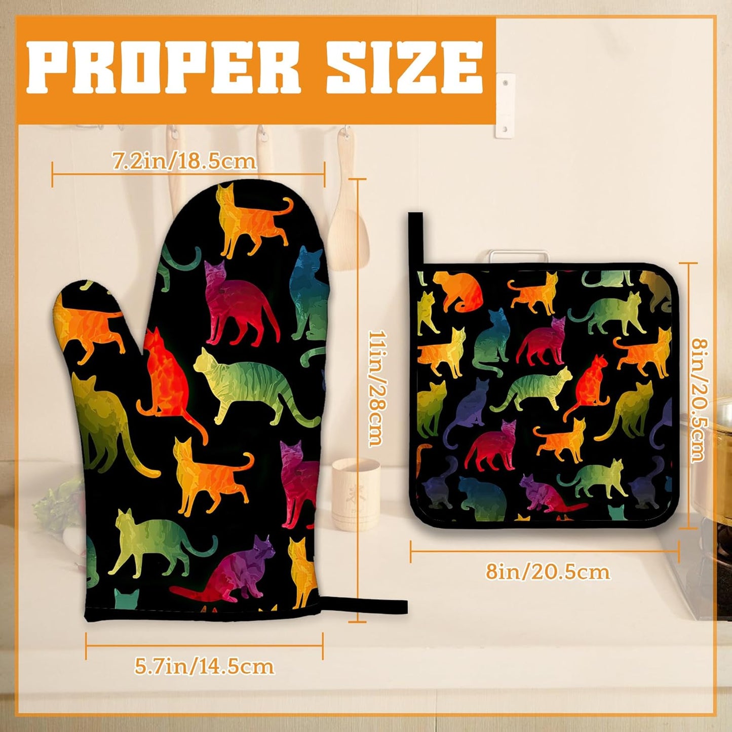 Funny Colorful Cat Oven Mitts and Pot Holders Set,Kitchen Decor Heat Resistant Non Slip Hot Pads and Oven Mitt for Chef Cooking Baking BBQ Mom Girl Gifts(4 Piece Set)