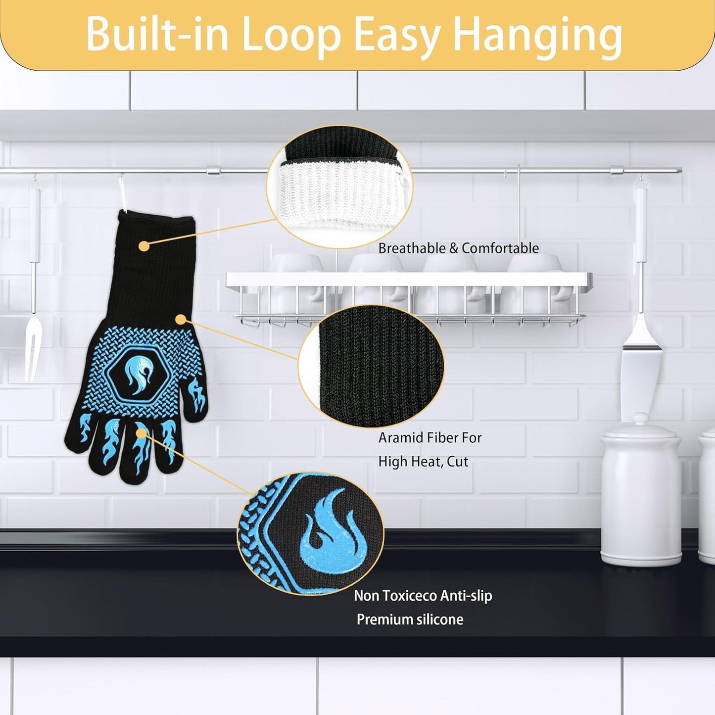 BBQ Fireproof Gloves, Grill Cut-Resistant Gloves 1472°F Heat Resistant Gloves, Non-Slip Silicone Oven Gloves, Kitchen Safe Cooking Gloves for Oven Mitts,Barbecue,Cooking, Frying,13.5 Inch-Sky Blue