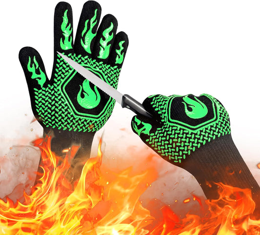 BBQ Fireproof Gloves, Grill Cut-Resistant Gloves 1472°F Heat Resistant Gloves, Non-Slip Silicone Oven Gloves, Kitchen Safe Cooking Gloves for Oven Mitts,Barbecue,Cooking, Frying,13.5 Inch-Green