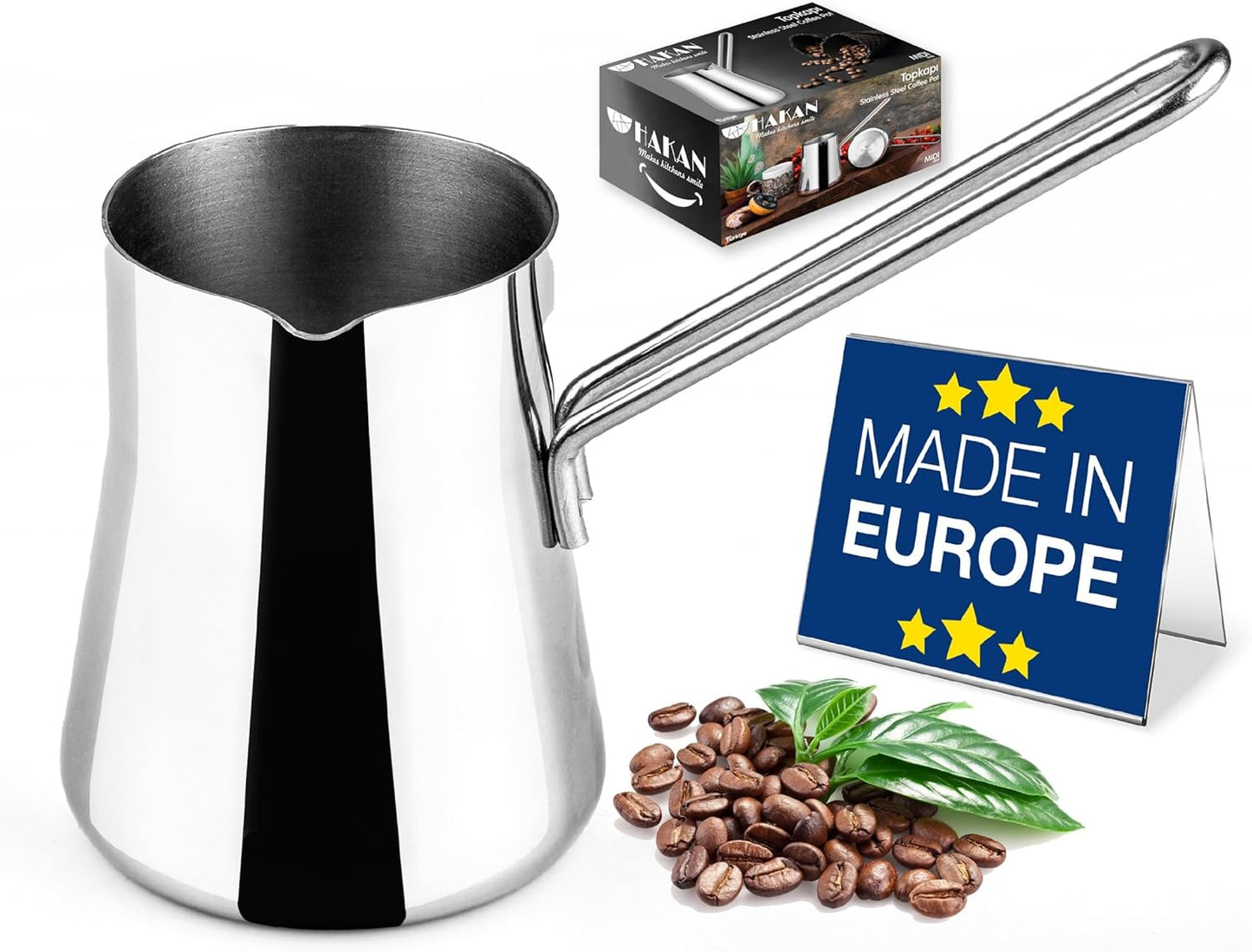 Hakan Topkapı Stainless Steel Turkish Coffee Pot, 16.9 Oz, 500 cc Midi Greek Arabic Coffee Maker with Spout, Stove Top Coffee Maker in Box, Milk Warmer with Handle, Chai Pot Cezve, Ibrik, Briki