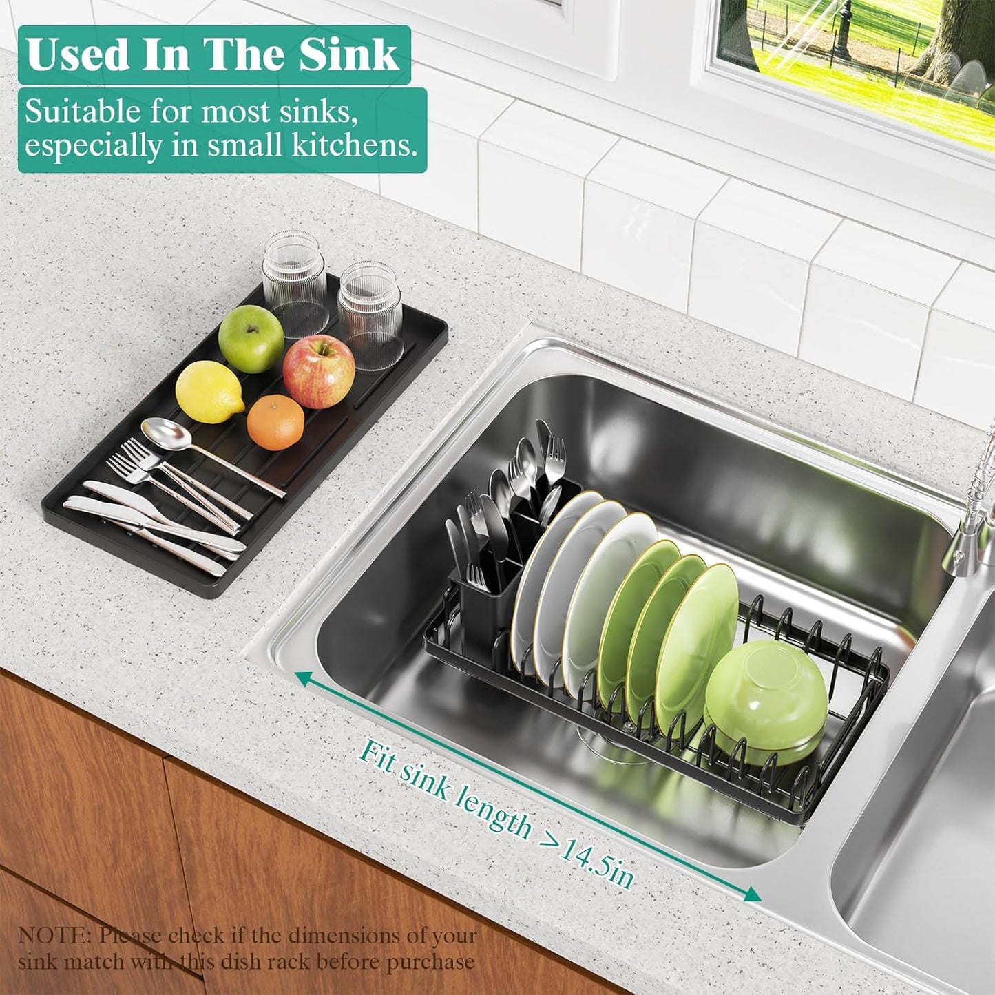 Giwil Small Sink Drying Rack, Compact Dish Rack with Silicone Mat for Kitchen Counter, Expandable Rustproof Dish Drying Rack Used Over Sink, in Sink & on Countertop, Black