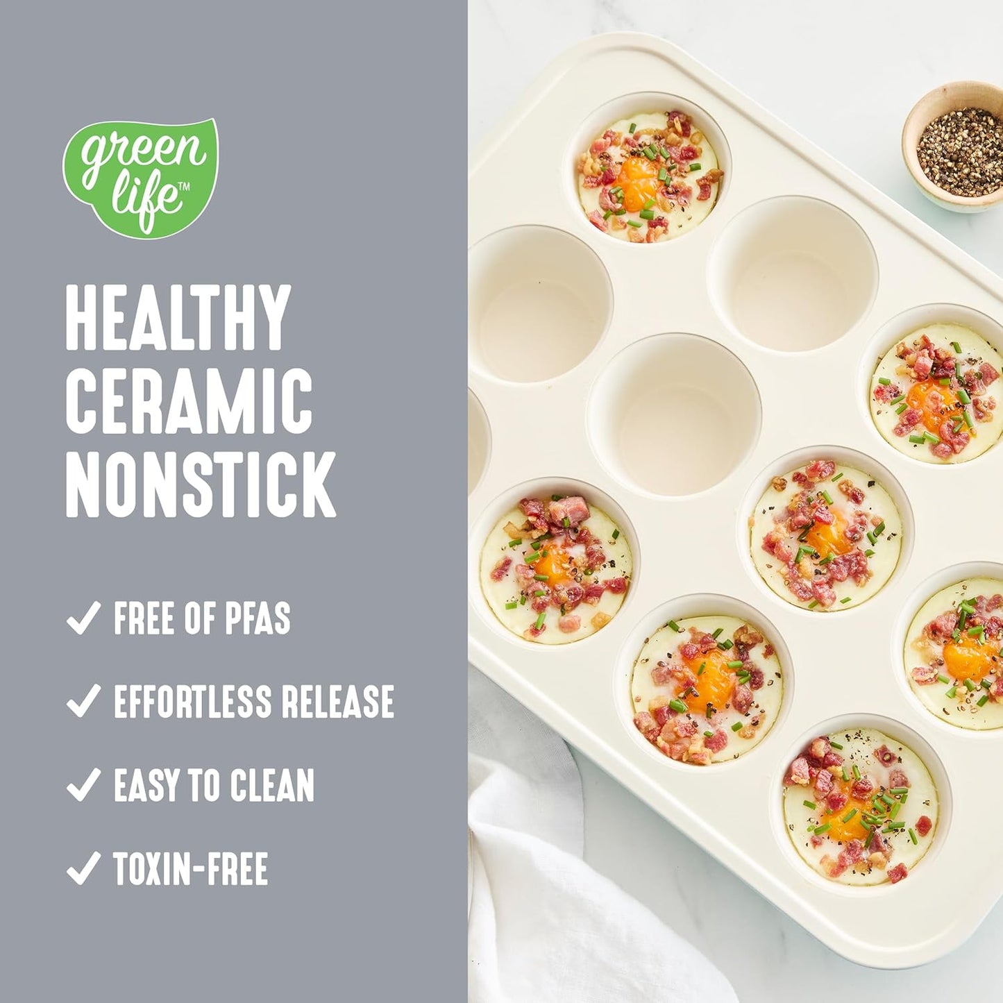 GreenLife 12-Cup Muffin Pan, Healthy Ceramic Nonstick Bakeware, PFOA & PFAS-Free Cupcake Sheet, Durable Baking Tray, Versatile Kitchen Essentials, Easy Clean Muffin Mold, Nonstick Baking Pan, Gray