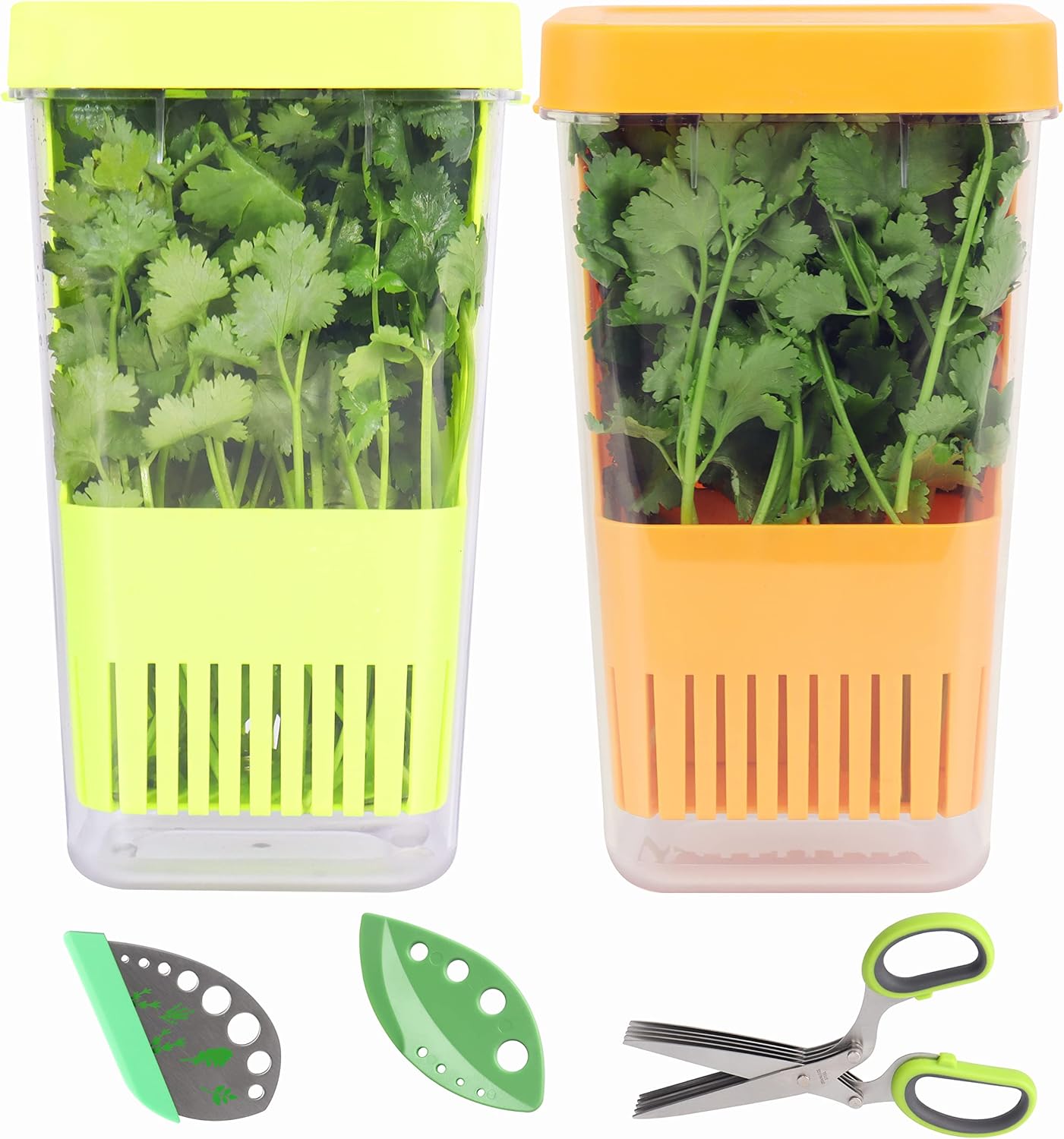 Herb Keeper Set: 2 Pack Herb Saver+1 Pack Herb Scissors+2 Pack Herb Stripper, Refrigerator Organizer, Herb Container for Cilantro, Mint & Asparagus, Keeps Fresh Herbs for 3 Times Longer Green&Orange