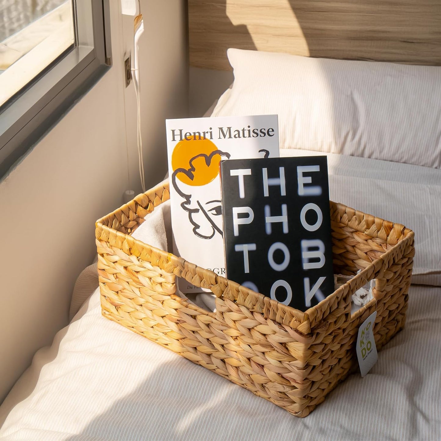 KOKODO 15"Lx11"W Large Rectangular Water Hyacinth Wicker Storage Baskets with Handles and Metal Frame, Stylish and Durable Handwoven Bin for Space-saving Room Organizing or Decorative Wicker Basket