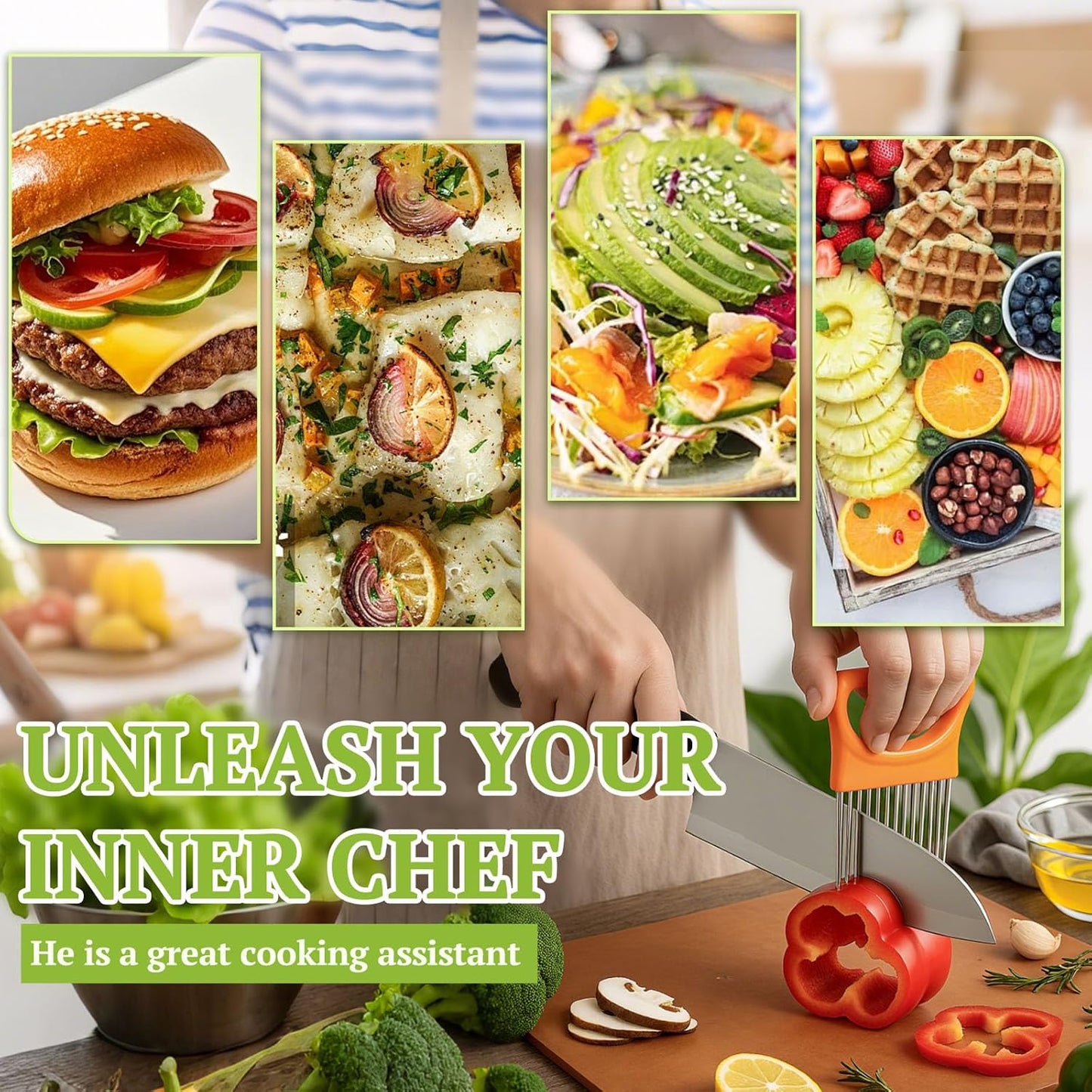 FANTEXY 3Pieces Onion Holder for Slicing, Stainless Steel Onion Cutter for Slicing, Potato Lemon Slicer Tomato Slicers Kitchen Comb for Vegetables, Fruit and Meat