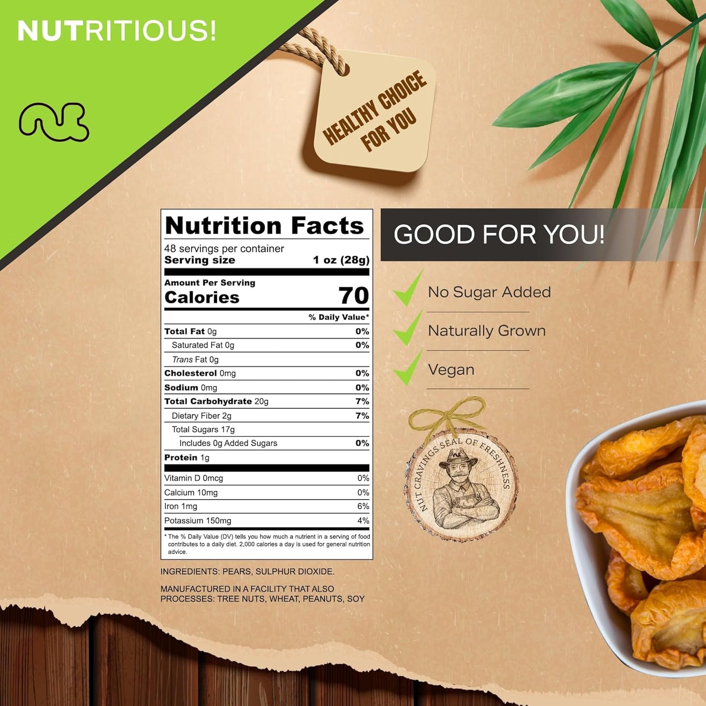 NUT CRAVINGS - Sun Dried California Pears, No Sugar Added (48oz, 3 LB, Bulk) Bulk Dry Fruits Packed Fresh in Resealable Bag - Sweet Healthy Snack, Naturally Grown, Vegan, Kosher