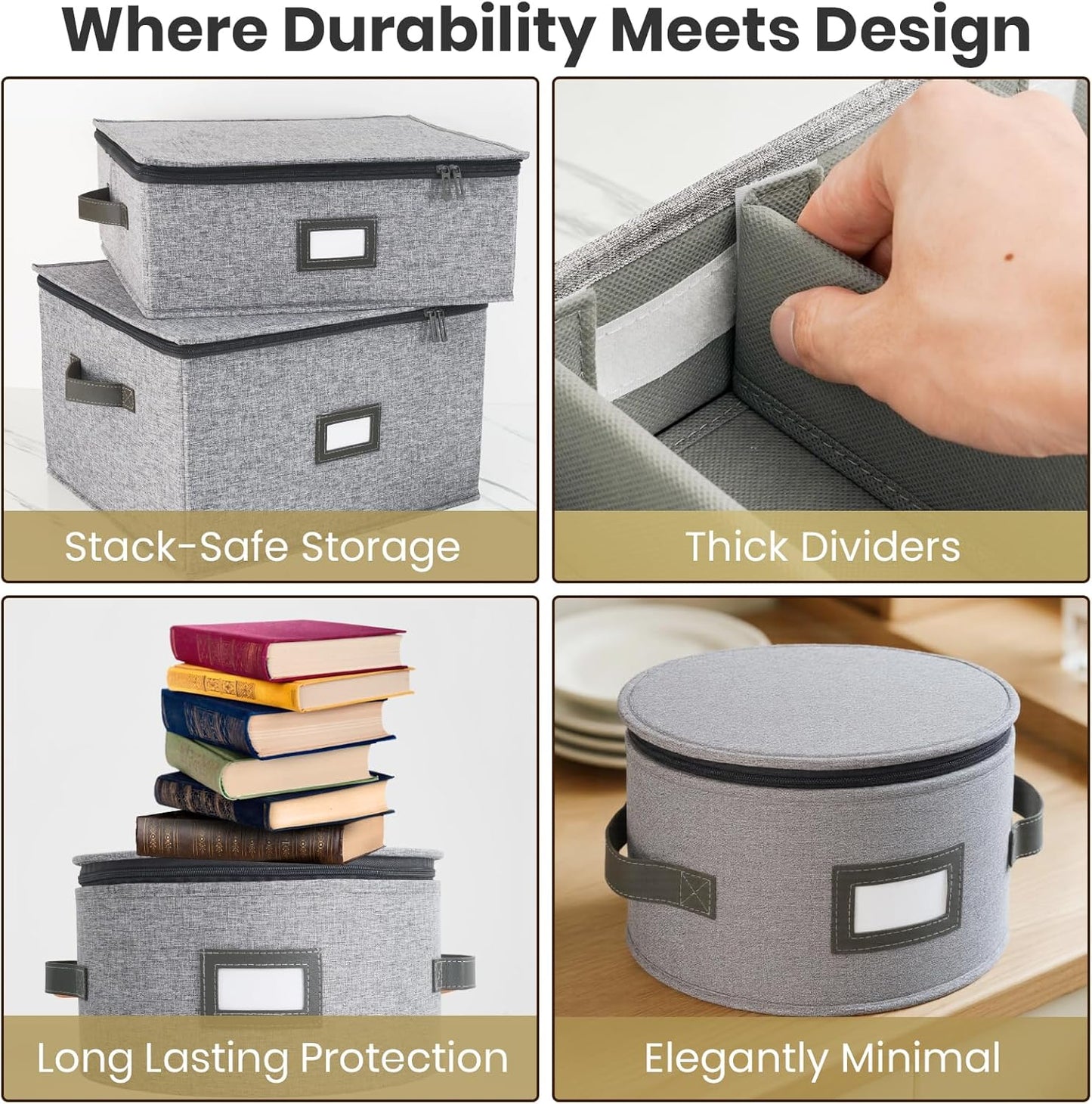 HOMELUX THEORY Hard Shell China Storage Containers, 8pc Light Gray Mug & Plate Storage Box, Kitchen Storage Bins With Lids, Heavy Duty Moving Box with Handles for Dishes, Silverware, Cup & Mug