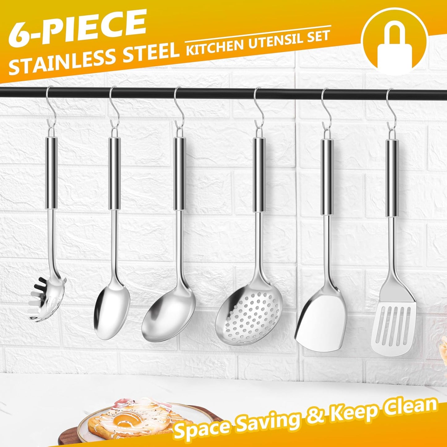 E-far 6-Piece Cooking Utensils Set, Stainless Steel Kitchen Utensils, Metal Heat Resistant Kitchen Tools Set Including Spoon, Soup Ladle, Slotted/Solid Turner, Skimmer, Pasta Server, Dishwasher Safe