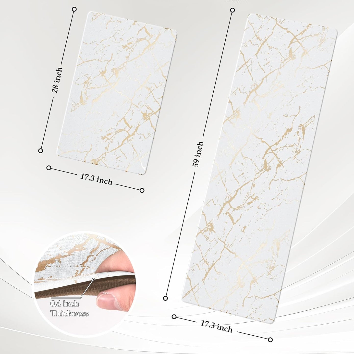 Gold Foil Stamped Marble Kitchen Mats for Floor 2PCS Cushioned Anti Fatigue Non Slip Waterproof Comfort Leather Kitchen Rugs 2/5 Inch PVC Kitchen Mats for Sink, Laundry, 17.3"x28"+17.3"x59",White