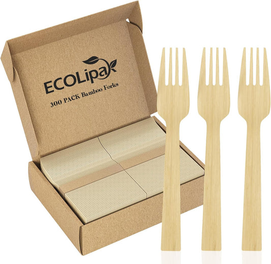 ECOLipak 300 Count Bamboo Forks Disposable, 6.7 Inch No Splinters Heavy Duty Bamboo Disposable Compostable Forks for Party, Wedding, Camping, Traveling, Family Dinners, Large Events