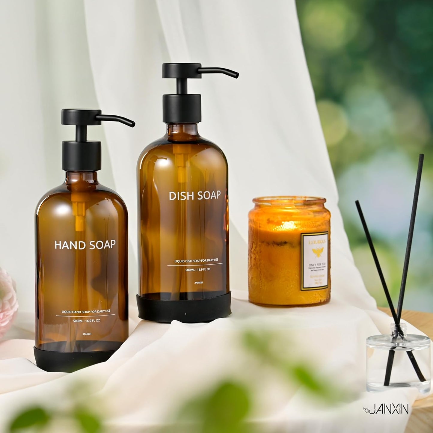 Glass Kitchen Soap Dispenser Set with Ceramic Tray,16.9 floz Hand and Dish Soap Dispenser for Kitchen and Bathroom Decor,Amber Kitchen Accessories(Amber Bottles + Black Pumps)