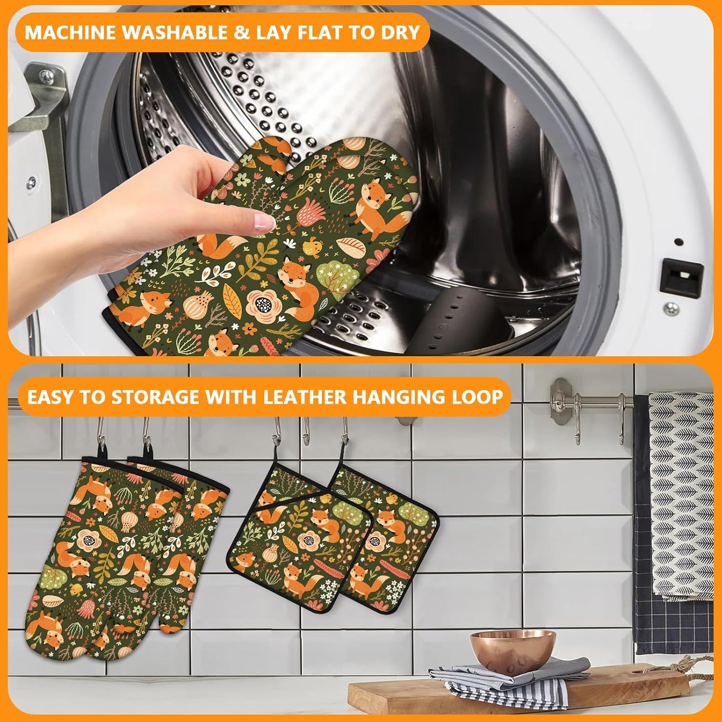 Fox Oven Mitts and Pot Holders Sets 4Pcs,Extra Long Oven Gloves Potholder for Kitchen Cooking Baking BBQ 100% Cotton Heat Resistant