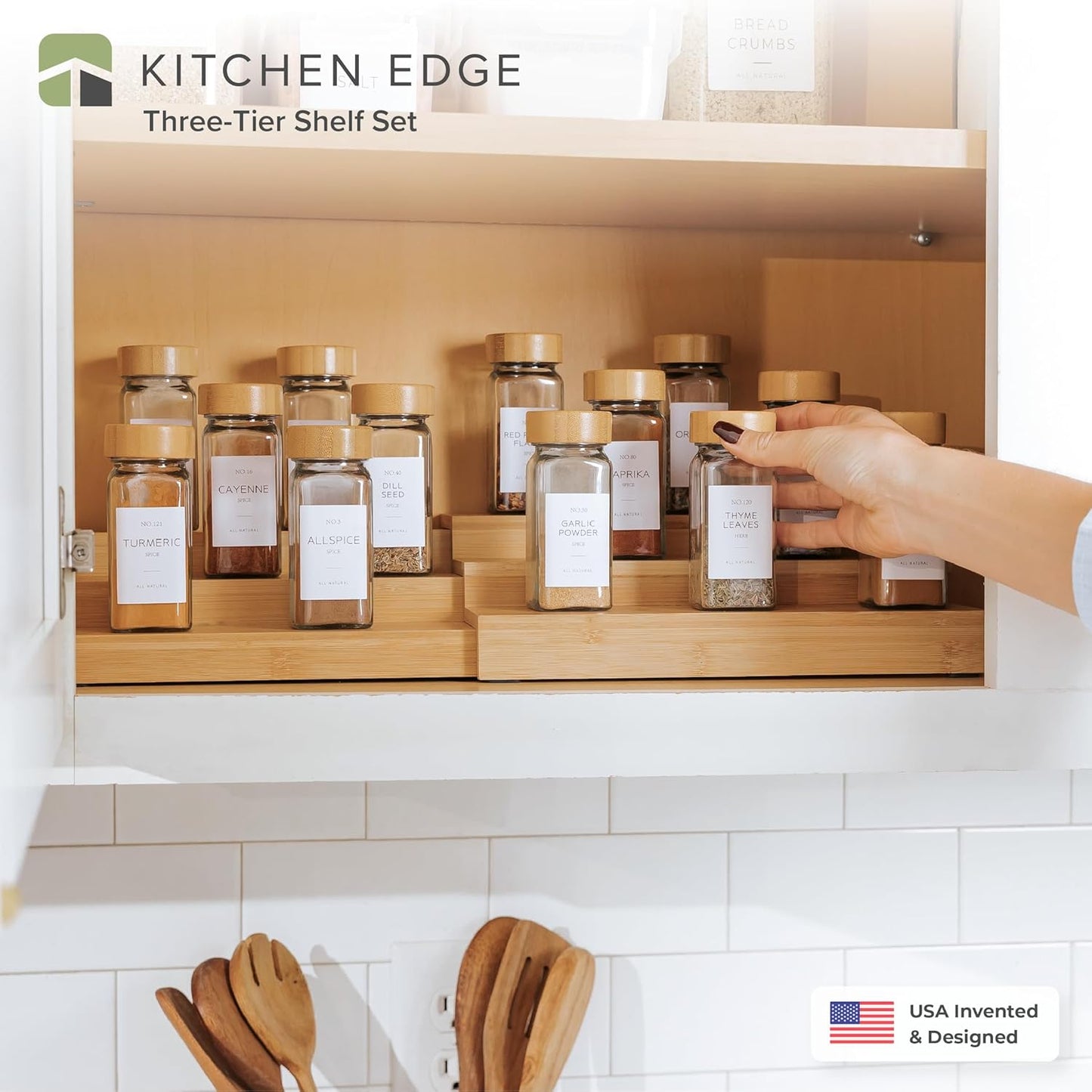 KitchenEdge Expandable Spice Rack Organizer for Cabinet, 3-Tier Shelf for Spice Organization (11” to 22”), Fits 36 Spice Jars, Seasoning and Pantry Storage, Non-Slip Feet, 100% Bamboo Wood