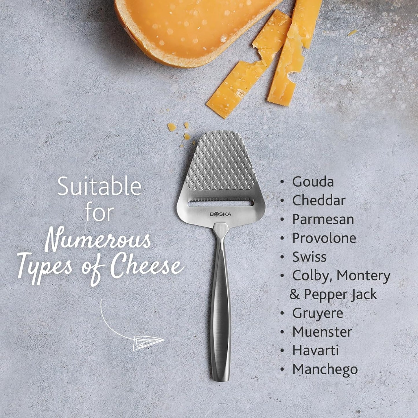 BOSKA Monaco+ Premium Cheese Slicer - Award Winning Cheese Cutter for Block Cheese, Cheddar up to Parmesan - Quilted Pattern reduces Resistance - Non-stick & Ergonomic Handheld