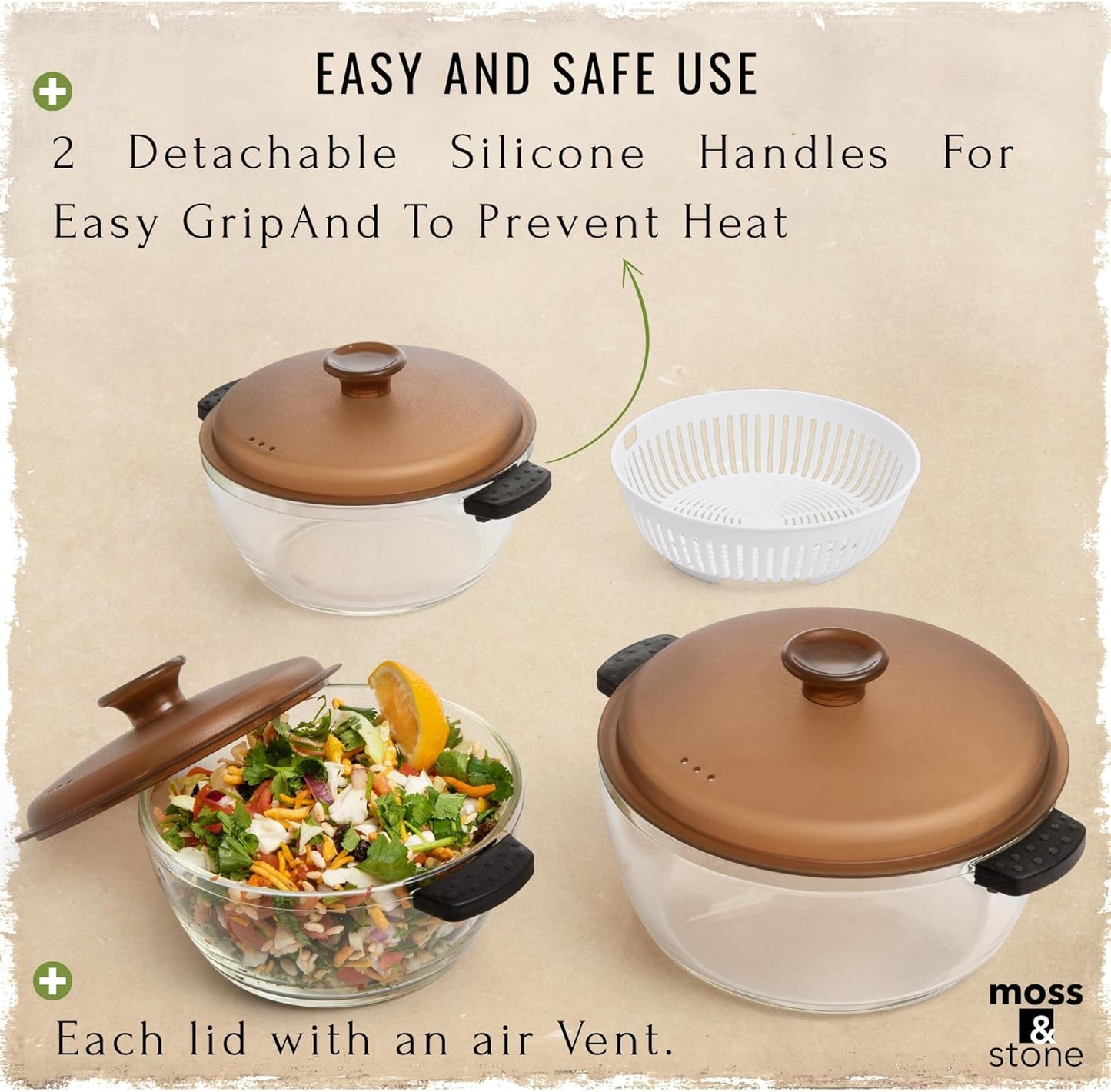 Moss & Stone 6-Piece Borosilicate Glass Casserole Set with Durable Plastic Lids – 2.6/1.5/1 Qt Oven & Microwave Safe Glass Baking Dishes for Cooking, Serving & Kitchen Storage