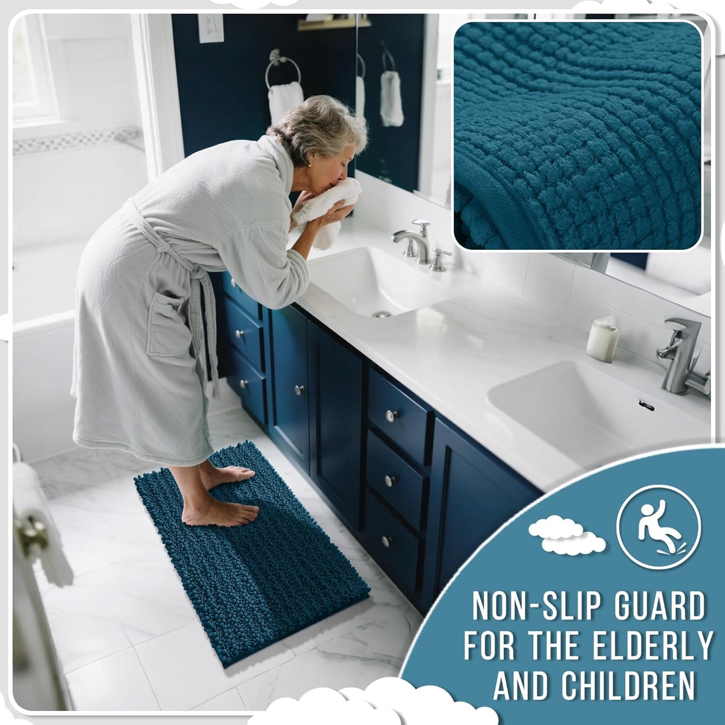 Yimobra Bathroom Rugs Non Slip Washable 24x17 Inch - Ultra Soft Absorbent Chenille Bath Mat, Quick Dry Shaggy Floor Carpet for Tub Shower, Peacock Blue Home Decor Accessories