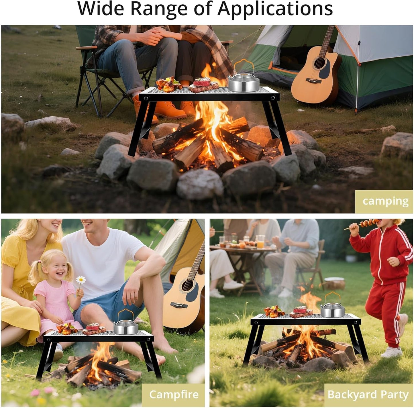 Folding Campfire Grill, 16" x 12" Heavy Duty Steel Mesh Grate Chrome Finish with Folding Legs, Portable Campfire Cooking Equipment, for Camping Outdoor BBQ Cooking Open Fire, Silver