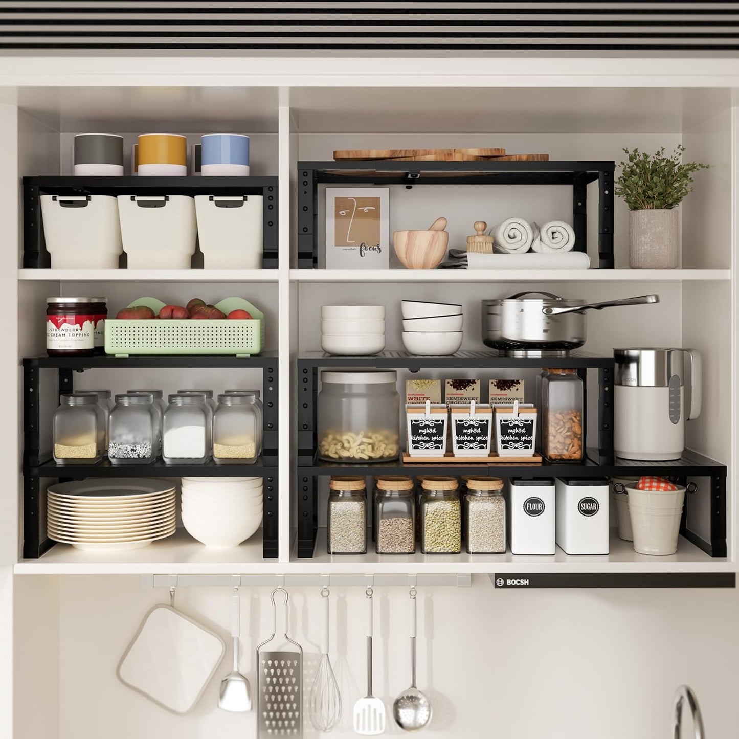 Expandable Spice Rack & Kitchen Cabinet Organizer - Stackable, Adjustable Shelves for Cabinets, Countertops, Cupboards & Pantries(2 Packs/Medium/Black)