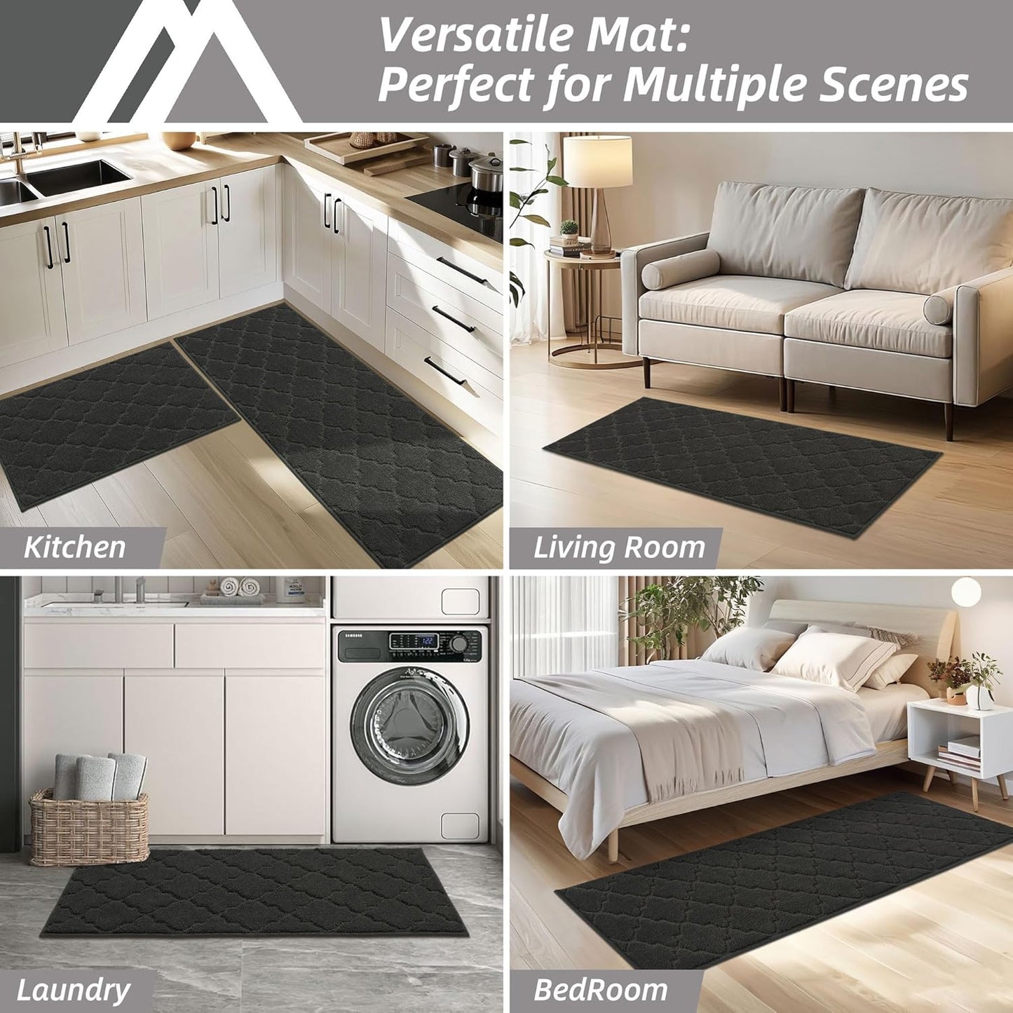 COSY HOMEER Soft Kitchen Rugs [2 PCS] for in Front of Sink Super Absorbent Kitchen Floor Mats and Mats 24x35 Inch/24X60 Non-Skid Kitchen Mat Standing Mat Washable,Polyester,Black