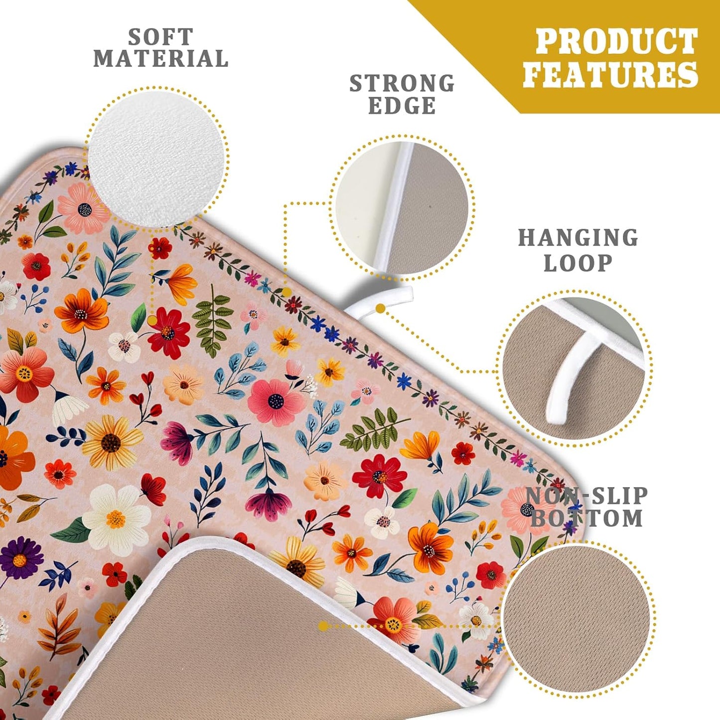 Boho Floral Dish Drying Mat - Pink Wildflower Absorbent Microfiber Kitchen Counter Pad for Home Coffee Bar Decor