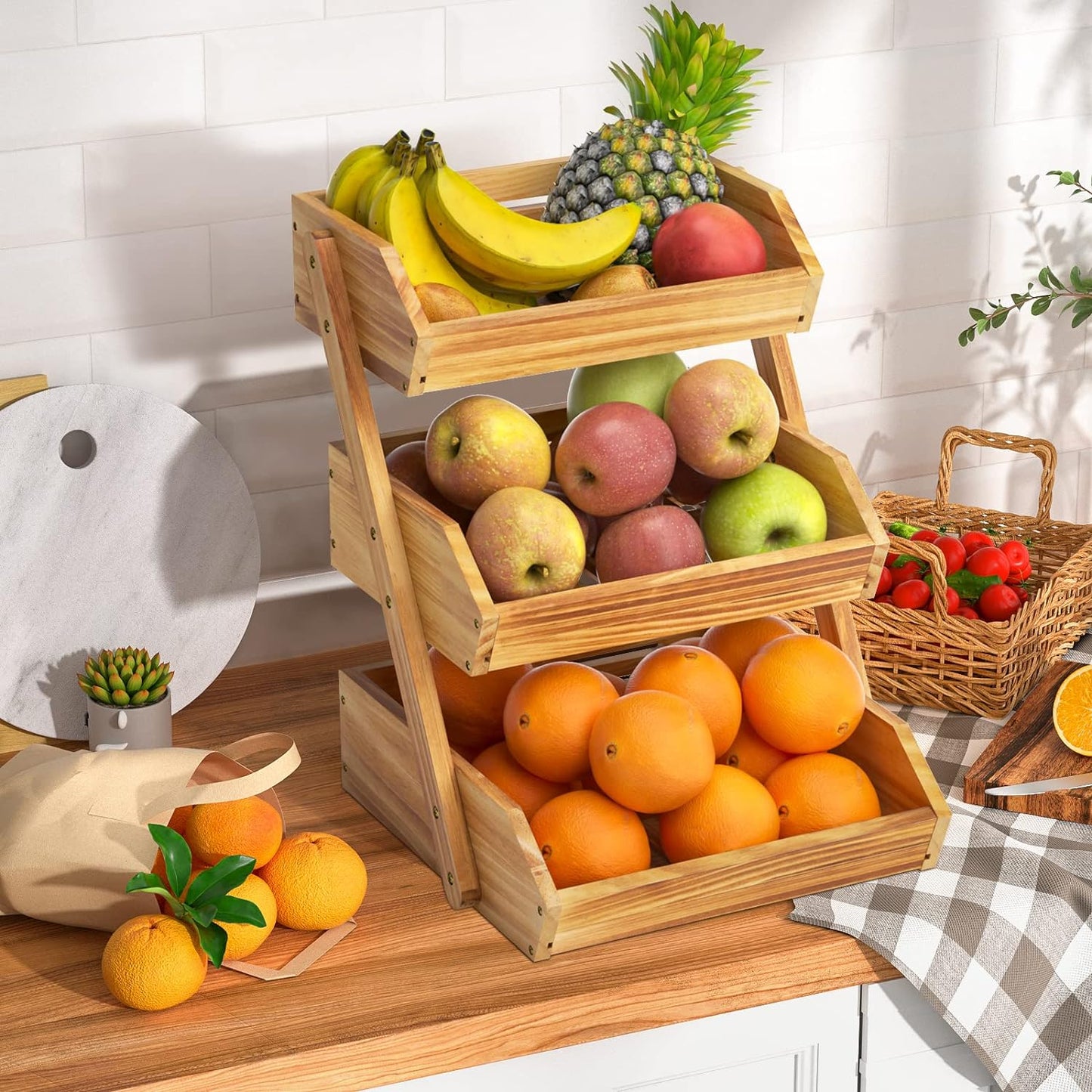 G.a HOMEFAVOR Wooden 3 Tier Fruit Basket, Brown, Pine Wood, Sturdy, Self-assembly