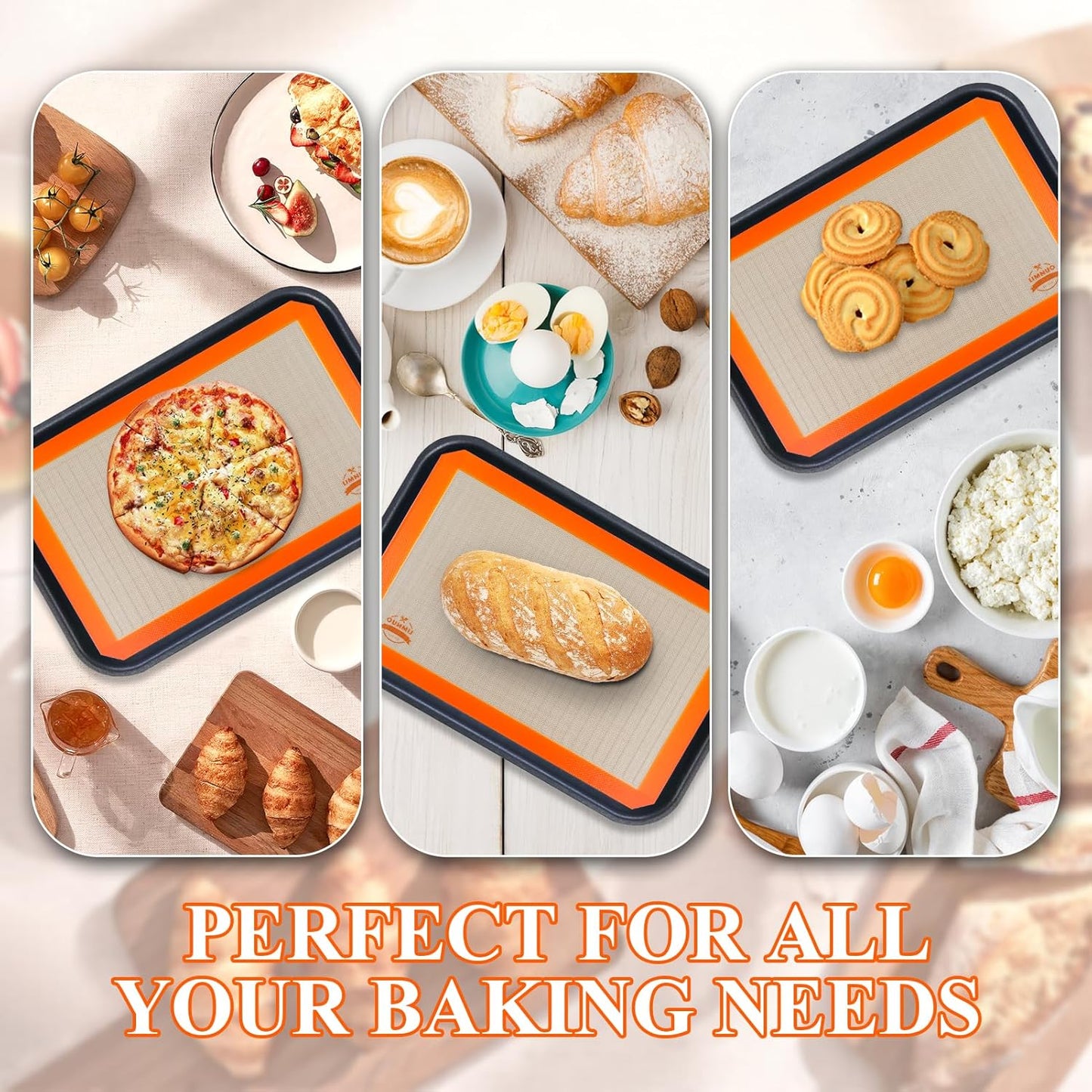 Silicone Baking Mat, Set of 3 Reusable Non-Stick Food Safe Baking Sheets for Cookies,for Making Cookies, Macaroons, Bread (Orange)