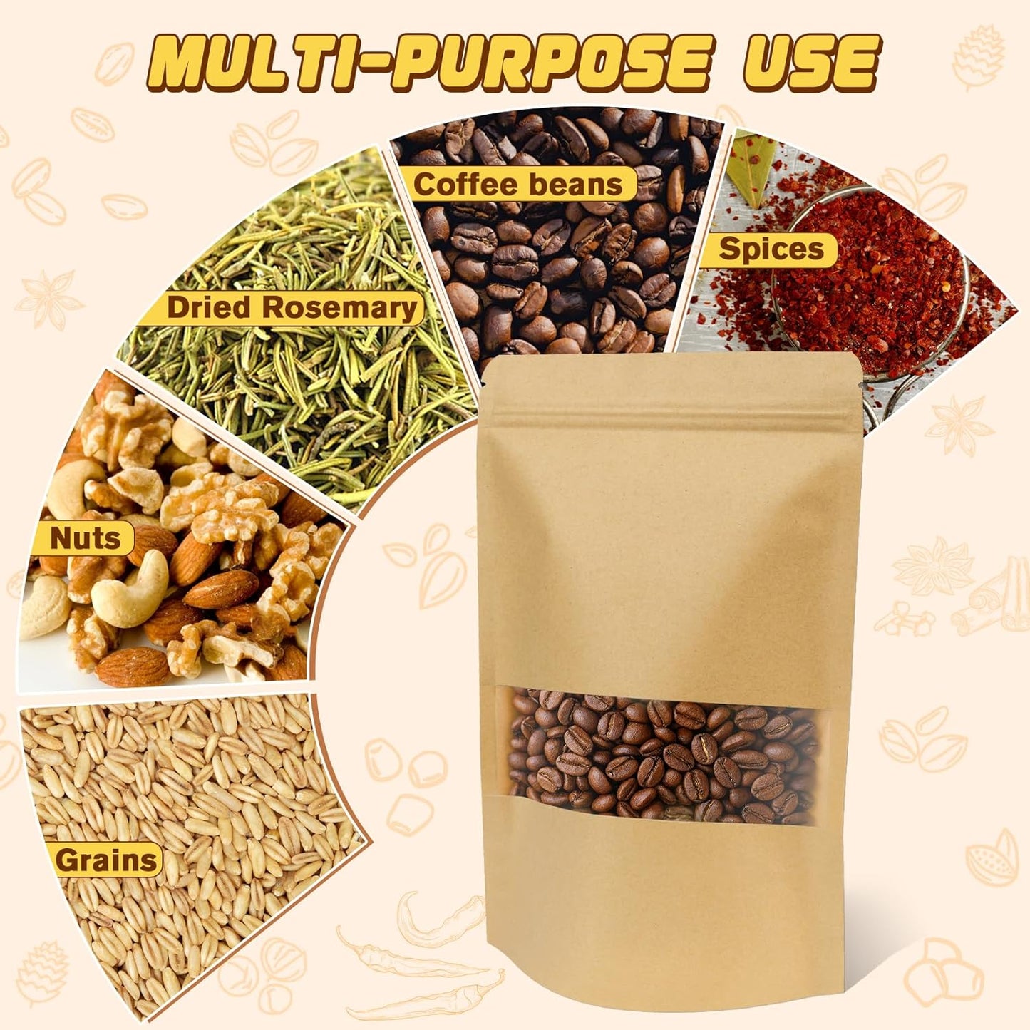 Jetmore-50pcs-Smell-Proof-Bag, Resealable Zip Lock Bags Various Sizes, Reusable Snack Bags, Stand Up Packing Bags with Window, Small Brown Paper Pouches for Candy, Nuts, Spice, Sample, Product