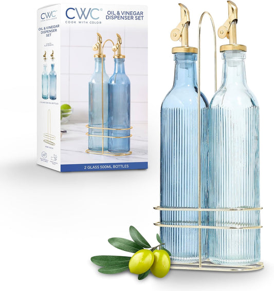 COOK WITH COLOR Glass Olive Oil Bottle Dispenser - 2 Pack- 17oz Oil and Vinegar Cruet - Olive Oil Carafe Decanter for Kitchen