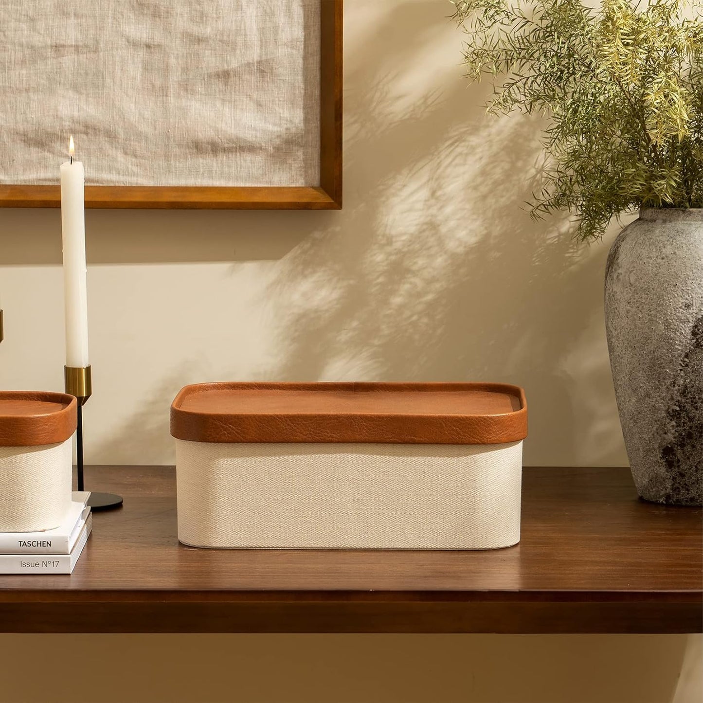 Beige Decorative Storage Boxes With Lids, Storage Baskets with Leather-Like Lids, Sturdy Stackable Paper Boxes Decorative Tray, Modern Basket Organizer Bins for Jewelry Shelve Bathroom Bedroom