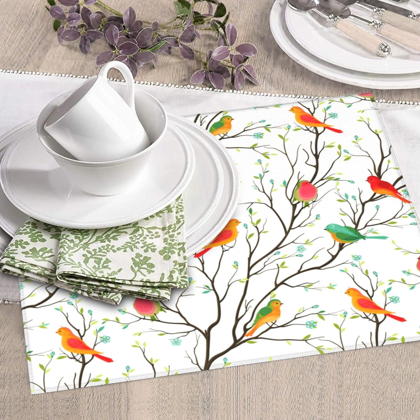 Birds on Tree Dish Drying Mat for Kitchen Counter Washable Absorbent Reversible Microfiber Cute Birds Drying Pad Kitchen Accessories 16x18 Inch