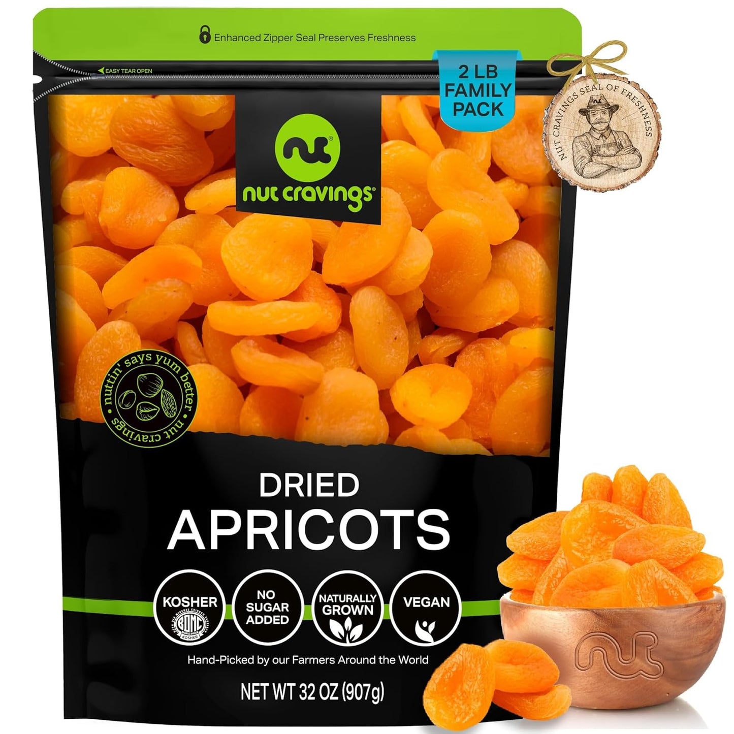 NUT CRAVINGS - Sun Dried Turkish Apricots, No Sugar Added (32oz, 2 LB) Bulk Dry Fruits Packed Fresh in Resealable Bag - Sweet Healthy Snack, Naturally Grown, Vegan, Kosher