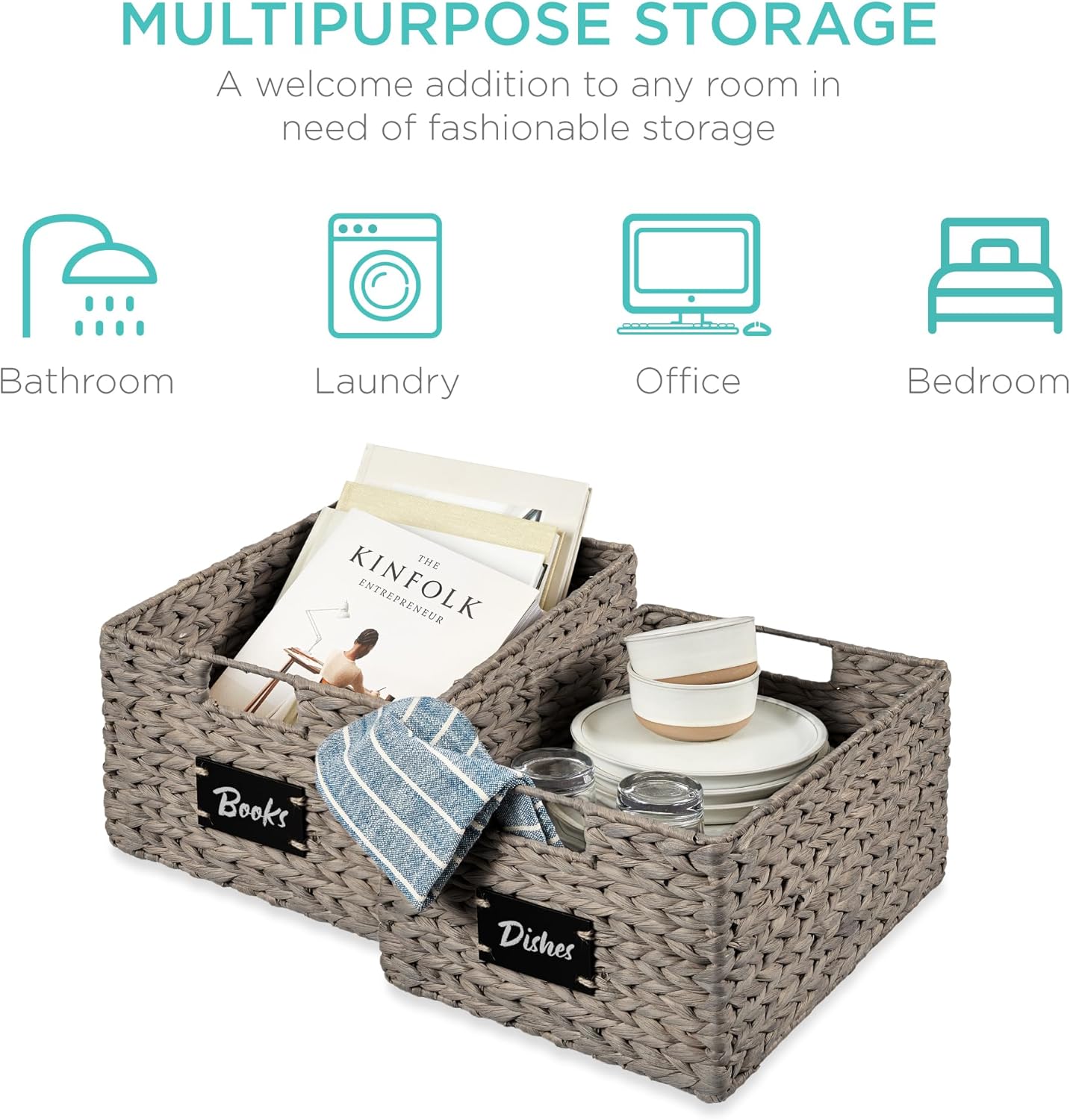 Best Choice Products Pantry Baskets Set of 2 16x12in Water Hyacinth Storage Baskets, Woven Wicker Kitchen Organizers with handles w/Chalkboard Label Chalk Marker - Gray