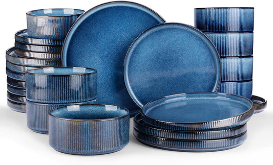 Famiware Star Plates and Bowls Sets, Modern Stoneware Dinnerware Sets for 8, 24-Piece Kitchen Dish Set - Microwave and Dishwasher Safe, Chip and Scratch Resistant, Nebulas Blue