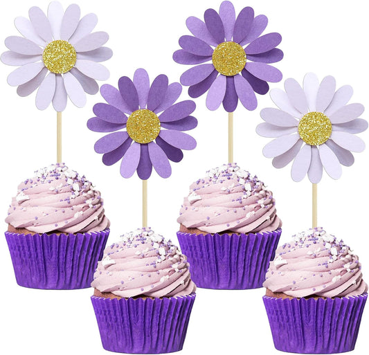 Ephlyn 24Pcs Purple Daisy Cupcake Toppers Flower Cake Toppers Daisy Cake Decorations Chrysanthemum Cupcake Toppers Spring Daisy Flower Cake Picks for Birthday Wedding Supplies