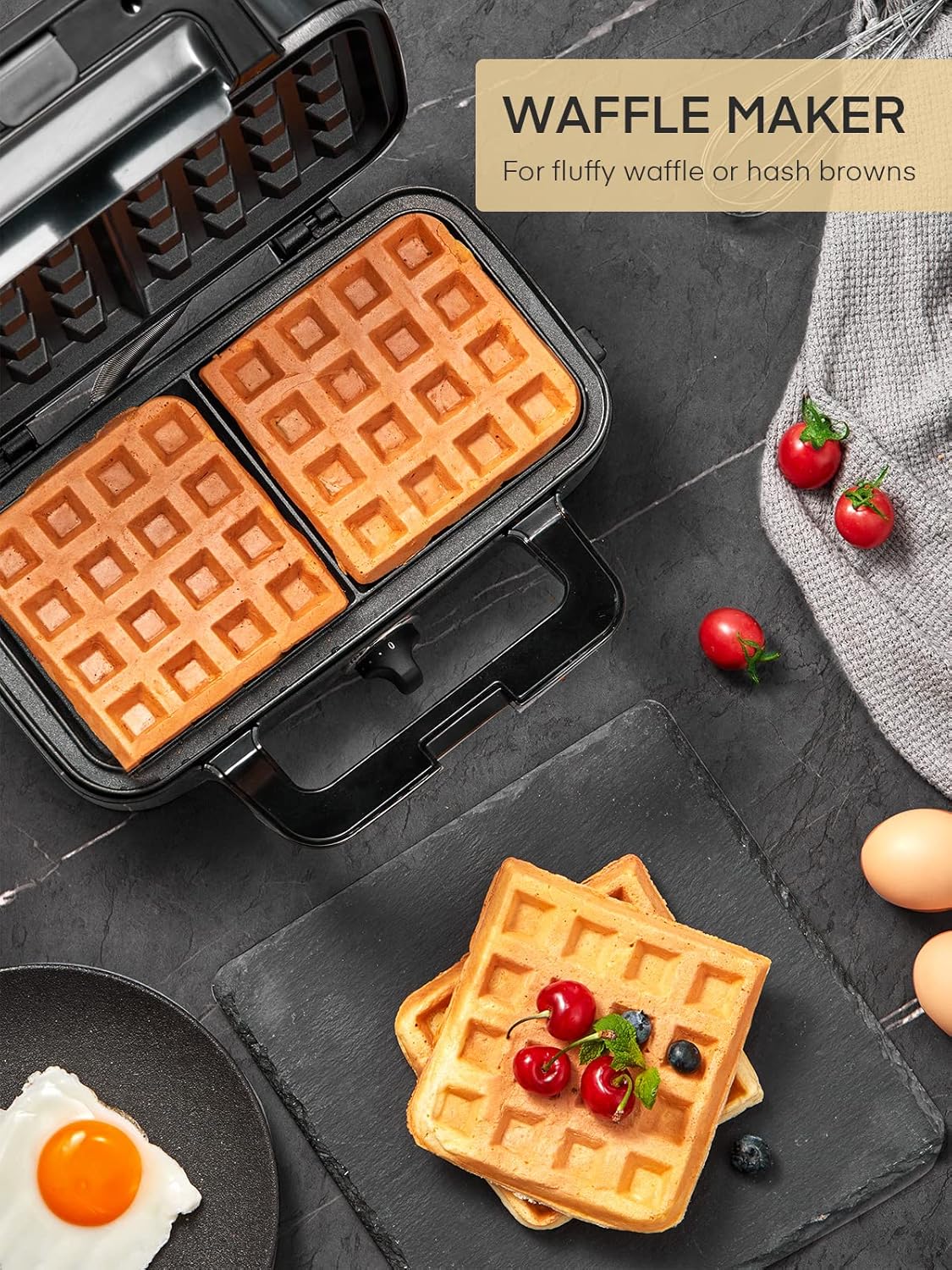 FOHERE Sandwich Maker 3 In 1 Waffle Maker With Removable Plates,Grilled Cheese Maker, 5-gear Temperature Control, Non-stick Coating Easy to Clean, Indicator Lights, Silver/Black
