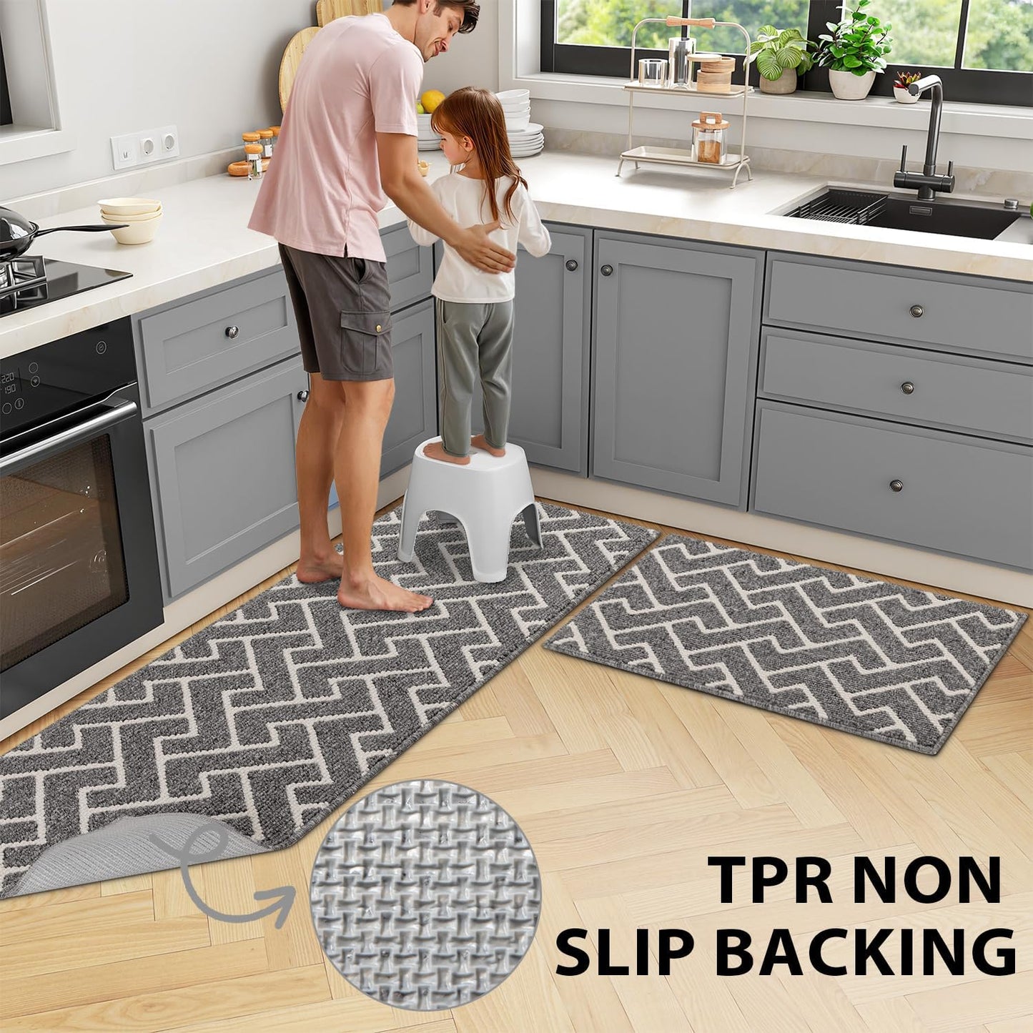 hicorfe Kitchen Rugs and Mats Sets,Non-Slip 2 Pieces Absorbent 100% Polypropylene Rug,Comfort Kitchen Runner Mat,Washable for Kitchen,Sink,Laundry(20" x 31.5" Plus 20" x 48",Grey)