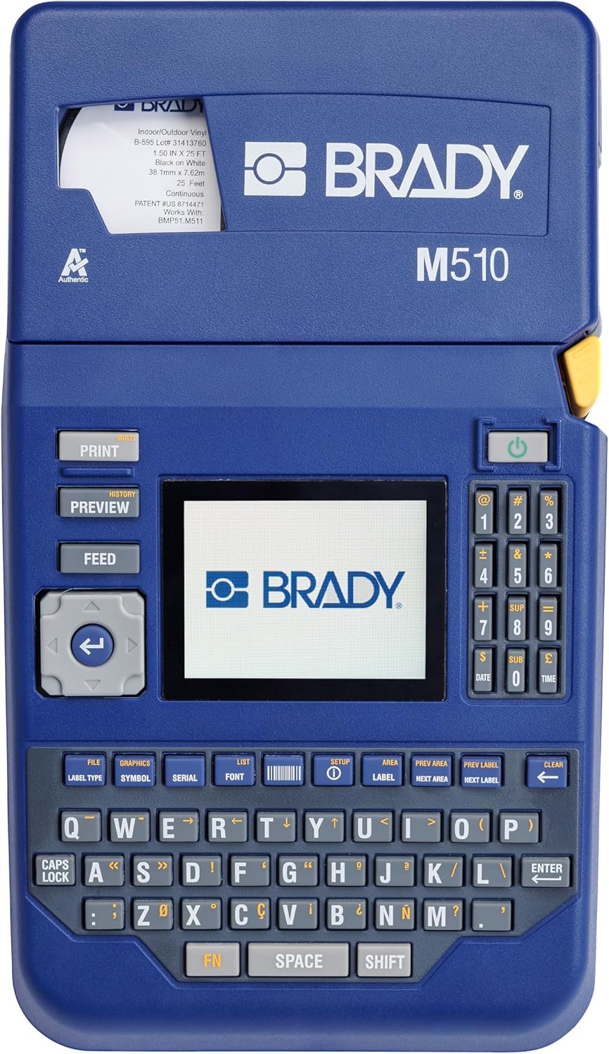 Brady M510 Portable Industrial Label Printer Kit with Product and Wire ID Software, Carrying Case, Label Cartridge, Rechargeable Battery and Charger, 3.75" H x 5.75" W x 10" D