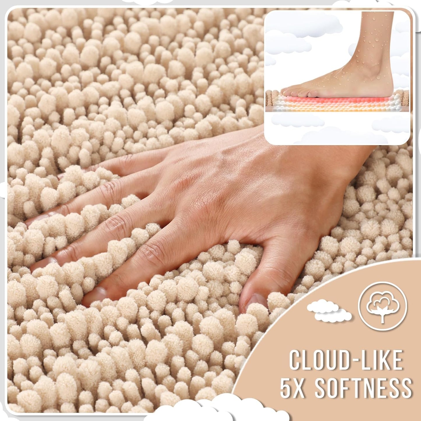 Yimobra Bathroom Rugs Non Slip Washable 32x20 Inch - Ultra Soft Absorbent Chenille Bath Mat, Quick Dry Shaggy Floor Carpet for Tub Shower, Light Brown Home Decor Accessories