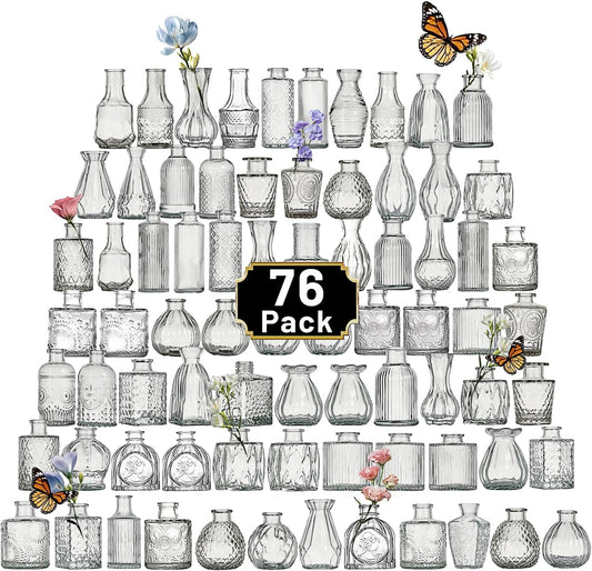 Glass Bud Vase Set of 76 Pcs Small Minimalist Vases for Flowers, Vintage Rustic Home Decor for Table Centerpiece Wedding Party, Modern Clear Aromatherapy Bottle for Living Room Bedroom