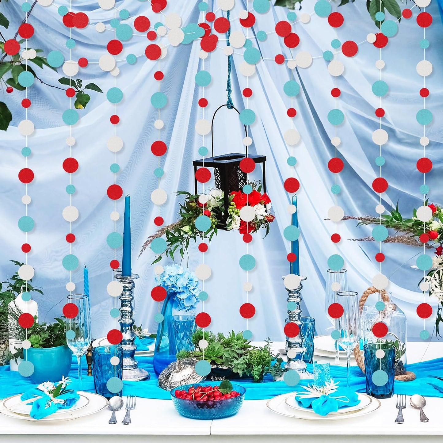 Outus 10 Pieces Colorful Dots Paper Garland Round Glitter Garland Hanging Confetti Streamers Backdrop Decoration for Birthday Classroom Candy Sprinkles Trunk or Treat Party (Light Blue,White,Red)