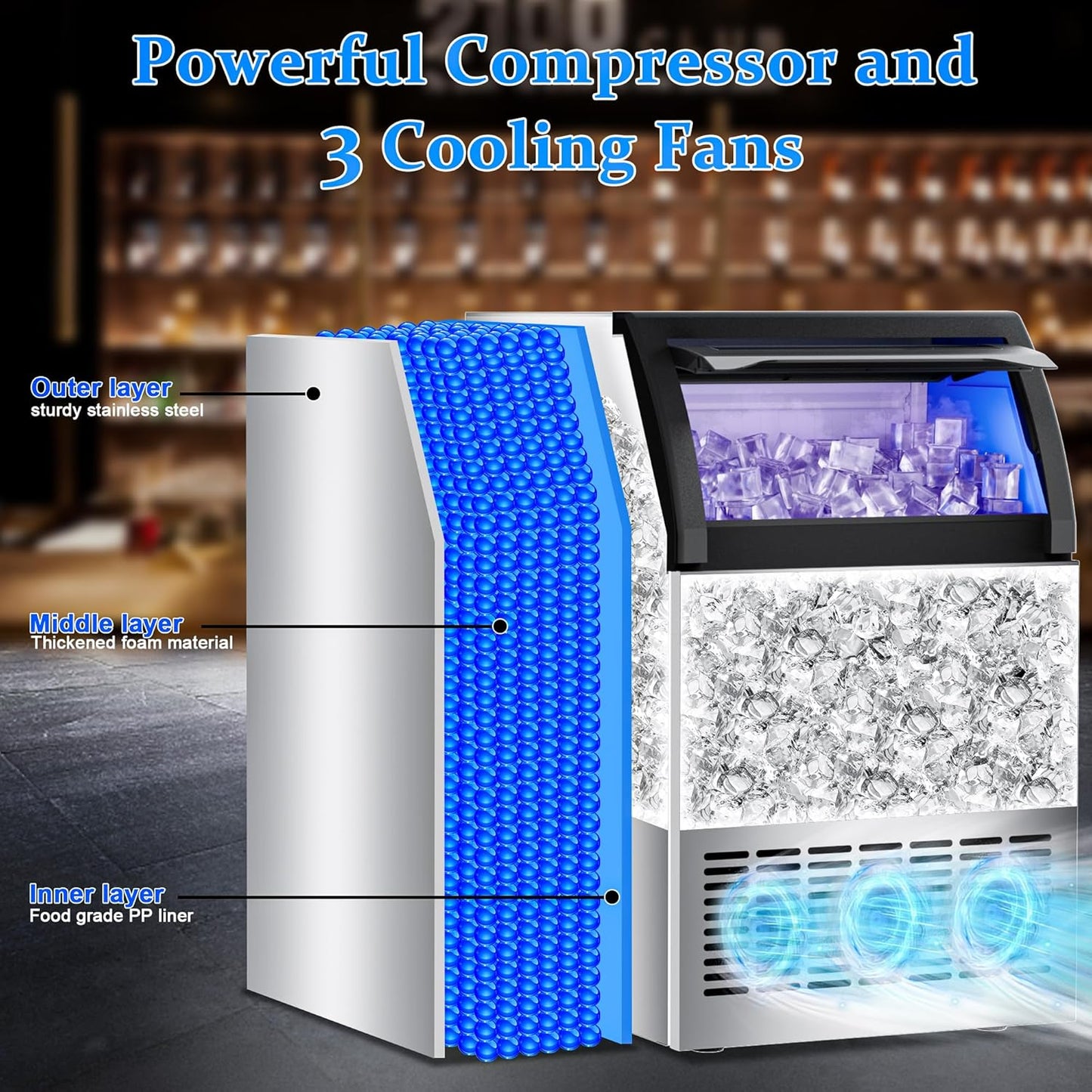 Commercial Spout Drench Ice Maker Machine 150Lbs/24H,Stainless Steel Under Counter Ice Maker 100lbs Storage with 50 Ice Trays,Freestanding Ice Maker Self-Cleaning for Homes Restaurants Bars Cafe