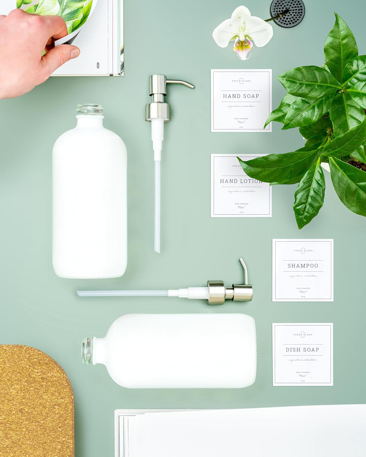 Vine Creations White Glass Soap Dispenser, 2 Pack Kitchen Soap Dispenser Set with Stainless Steel Pump, 16 oz Dish Soap and Hand Soap Dispensers for Bathroom with Waterproof Labels