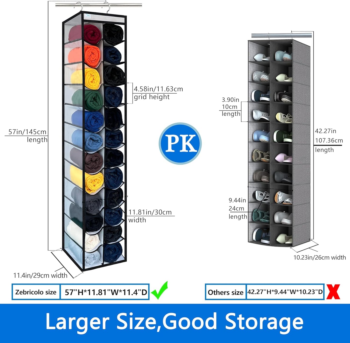 Closet Organization, 24 Section Hanging Closet Organizer, Space Saving, College Dorm Essentials, Heavy Duty Hooks Up to 45 Pounds, White/Black